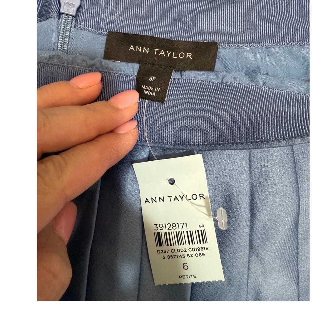 Ann Taylor Blue Satin Pleated Midi Skirt Petite 6P NWT
